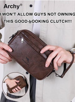 Archy Men's Vintage PU Leather Clutch Bag Fashion Zipper Shoulder Crossbody Bag with Detachable Shoulder Strap Bag Sling Shoulder Bag for Men, Durable Casual Daypack  - Image 2