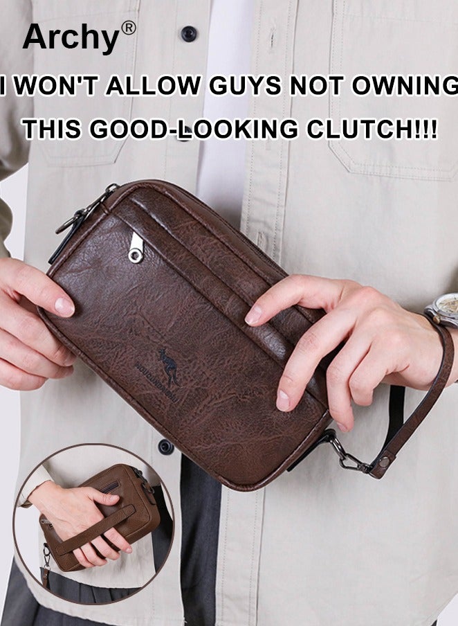Archy Men's Vintage PU Leather Clutch Bag Fashion Zipper Shoulder Crossbody Bag with Detachable Shoulder Strap Bag Sling Shoulder Bag for Men, Durable Casual Daypack  - Image 2