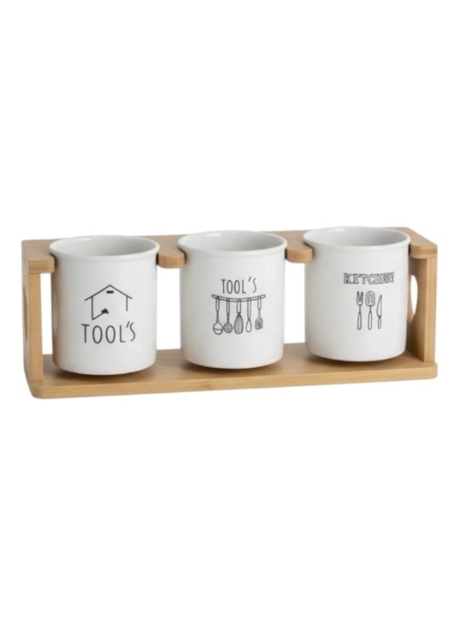 3-piece ceramic cutlery and knife organizer with wooden holder – modern kitchen spoon and fork holder - Image 1
