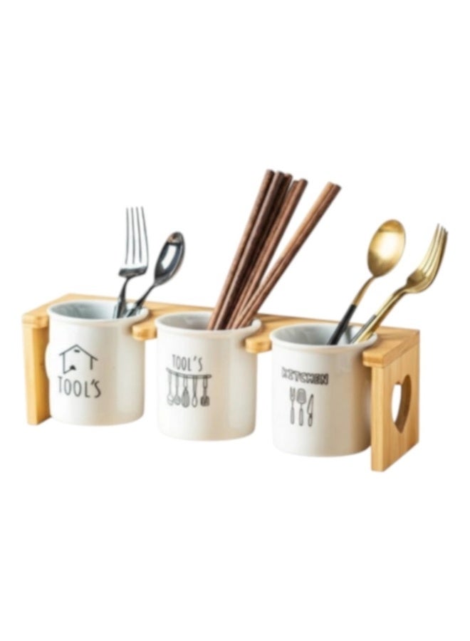 3-piece ceramic cutlery and knife organizer with wooden holder – modern kitchen spoon and fork holder - Image 3