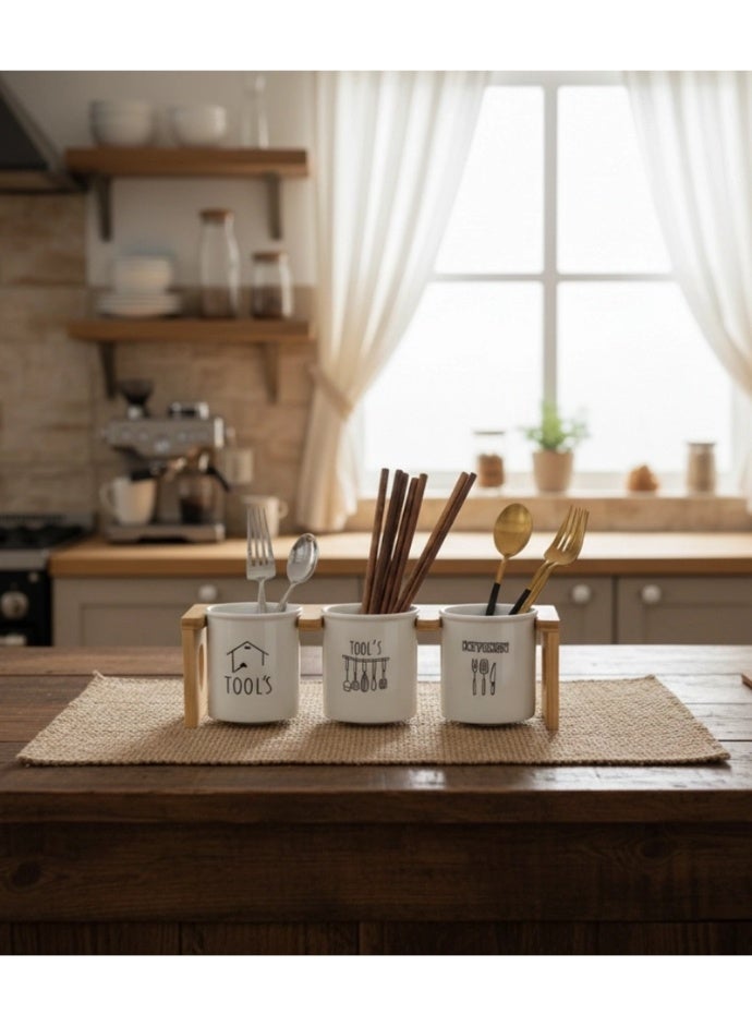 3-piece ceramic cutlery and knife organizer with wooden holder – modern kitchen spoon and fork holder - Image 2