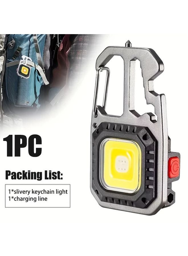 Silvery Mini Keychain Lamp USB Rechargeable COB Flashlight 6 Modes Emergency Light - Image 1