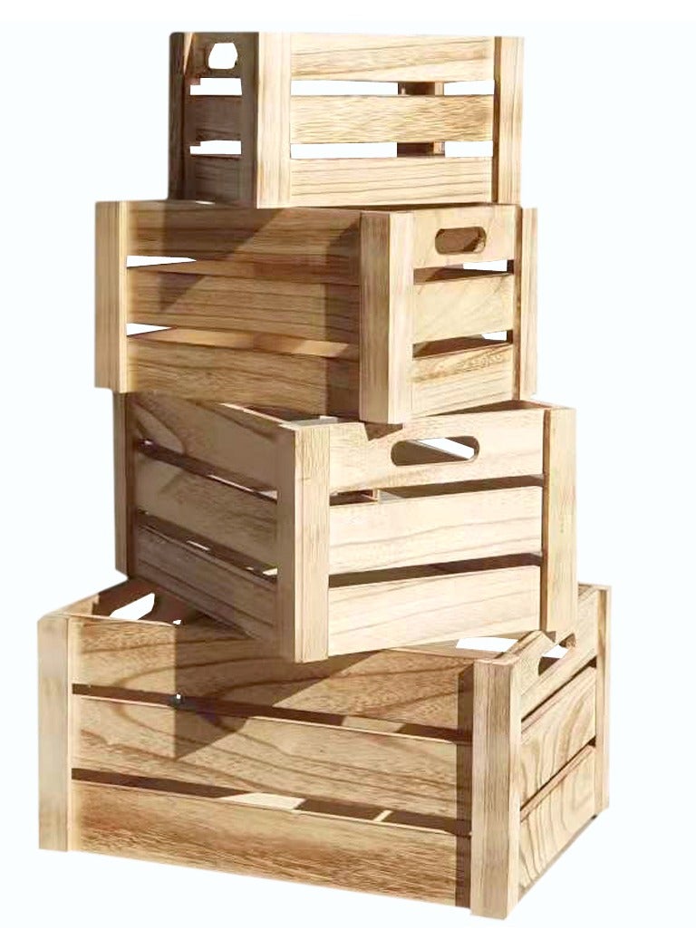 LINGWEI Natural Wooden Storage Crates | Set of 4 Nesting Wooden Boxes with Cutout Handles | Rustic Farmhouse Decorative Containers for Home, Kitchen, Bathroom & Office Organization - Image 1