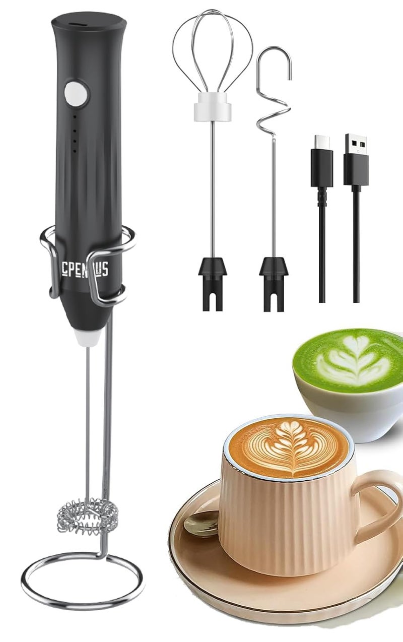 CPENSUS Coffee frother Electric with 3 Whisker & Stand 3-Speed Adjustable 1100mAh Battery Milk Blender Beater Handheld Foam Maker Mixer Gift 11000 RPM Lattes Cappuccino (4 in 1 Black) - Image 1