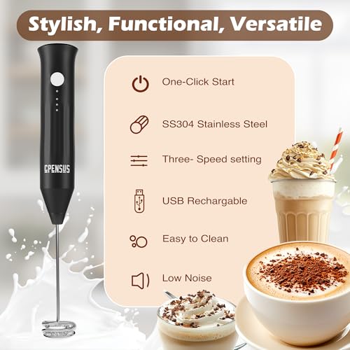 CPENSUS Coffee frother Electric with 3 Whisker & Stand 3-Speed Adjustable 1100mAh Battery Milk Blender Beater Handheld Foam Maker Mixer Gift 11000 RPM Lattes Cappuccino (4 in 1 Black) - Image 5
