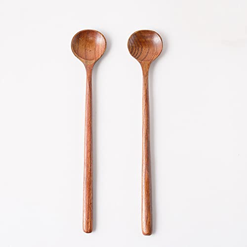 Assaoy Wooden Soup Spoon, 2PCS Wooden Long Spoons Korean Style Natural Wood Long Handle Round Spoons Long Soup Spoons for Soup Cooking Mixing Stirrer Kitchen Tools - Image 1