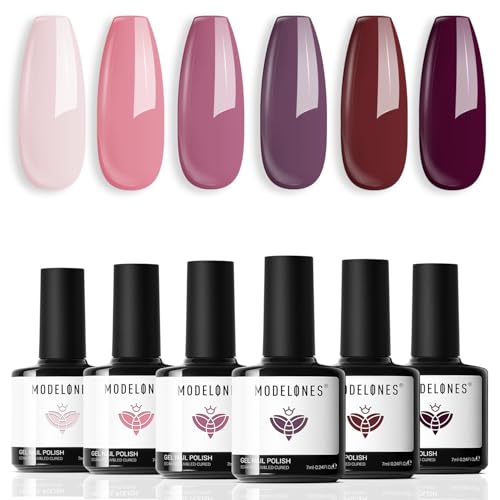 modelones Gel Nail Polish 6 Colors Pink Brown Burgundy Red Gel Polish Set Peach Pastel Pink Nail Polish Kit Soak Off Manicure Set Nail Art Gift for Women DIY Home Salon - Image 5