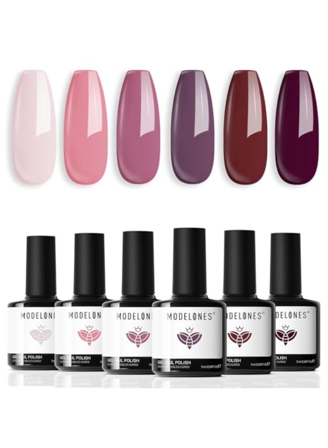 modelones Gel Nail Polish 6 Colors Pink Brown Burgundy Red Gel Polish Set Peach Pastel Pink Nail Polish Kit Soak Off Manicure Set Nail Art Gift for Women DIY Home Salon - Image 4