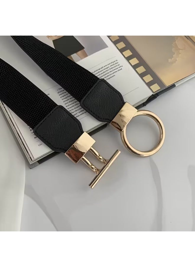 Goolsky Women's Casual Chic Metal Interlocking Belt - Elastic Wide Waistband, Golden-Tone Accents & Black Leather-Look Patches, Versatile for Casual, Evening, Beach, Holidays - Image 5