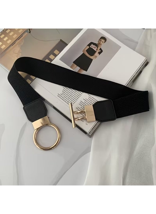 Goolsky Women's Casual Chic Metal Interlocking Belt - Elastic Wide Waistband, Golden-Tone Accents & Black Leather-Look Patches, Versatile for Casual, Evening, Beach, Holidays - Image 3