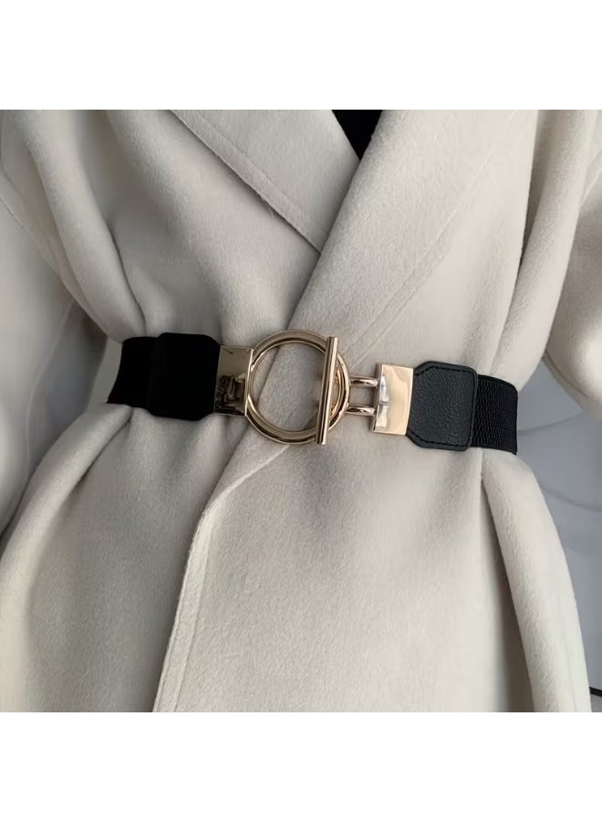 Goolsky Women's Casual Chic Metal Interlocking Belt - Elastic Wide Waistband, Golden-Tone Accents & Black Leather-Look Patches, Versatile for Casual, Evening, Beach, Holidays - Image 1