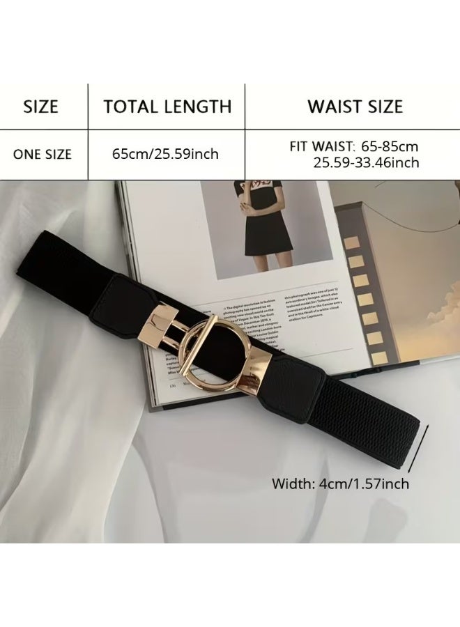 Goolsky Women's Casual Chic Metal Interlocking Belt - Elastic Wide Waistband, Golden-Tone Accents & Black Leather-Look Patches, Versatile for Casual, Evening, Beach, Holidays - Image 2