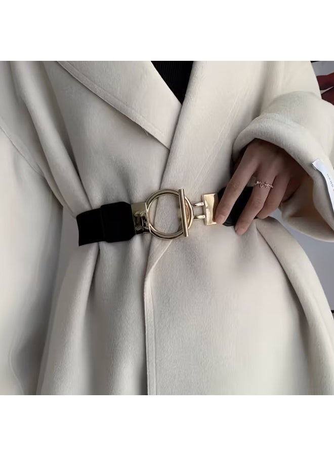 Goolsky Women's Casual Chic Metal Interlocking Belt - Elastic Wide Waistband, Golden-Tone Accents & Black Leather-Look Patches, Versatile for Casual, Evening, Beach, Holidays - Image 4