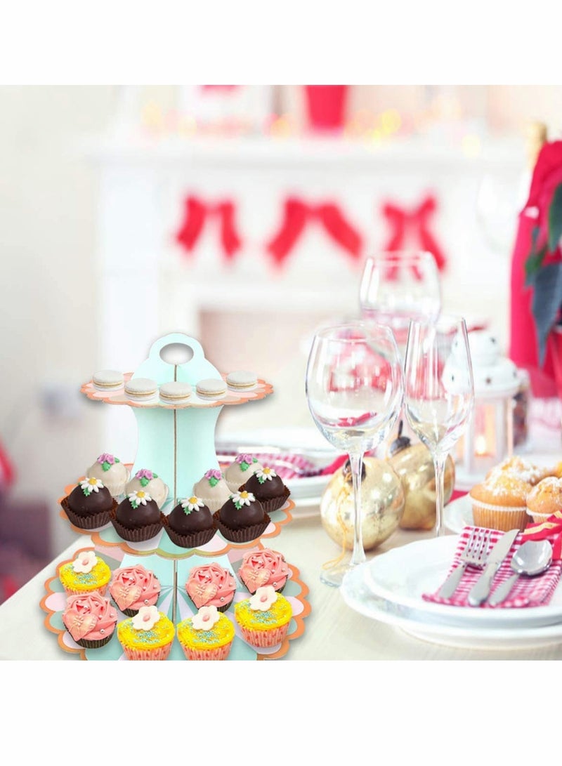 SOLARAE 3 Tiers Paper Cake Stand Set Sizes Cupcake Stands for Birthday Biodegradable Round Food Stand Display for Afternoon Tea Wedding Party Anniversary Christening Fruit Desserts Display - Image 4