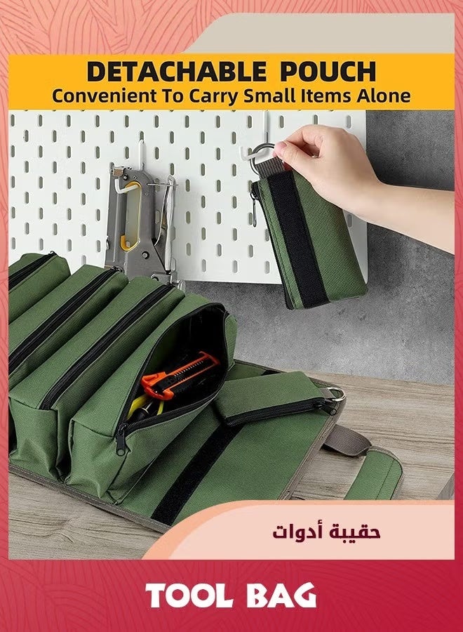 كيس أداة لفة,منظم أداة ثقيلة للرجال والنساء,تخزين الأداة المحمولة مع 2 حقيبة سحاب قابلة للفصل, حقيبة أدوات صغيرة مدمجة لأصحاب RV Handyman, الجيش الأخضر - Image 4