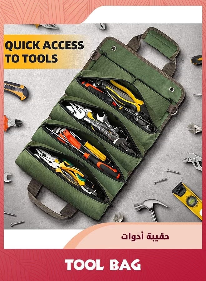 كيس أداة لفة,منظم أداة ثقيلة للرجال والنساء,تخزين الأداة المحمولة مع 2 حقيبة سحاب قابلة للفصل, حقيبة أدوات صغيرة مدمجة لأصحاب RV Handyman, الجيش الأخضر - Image 5