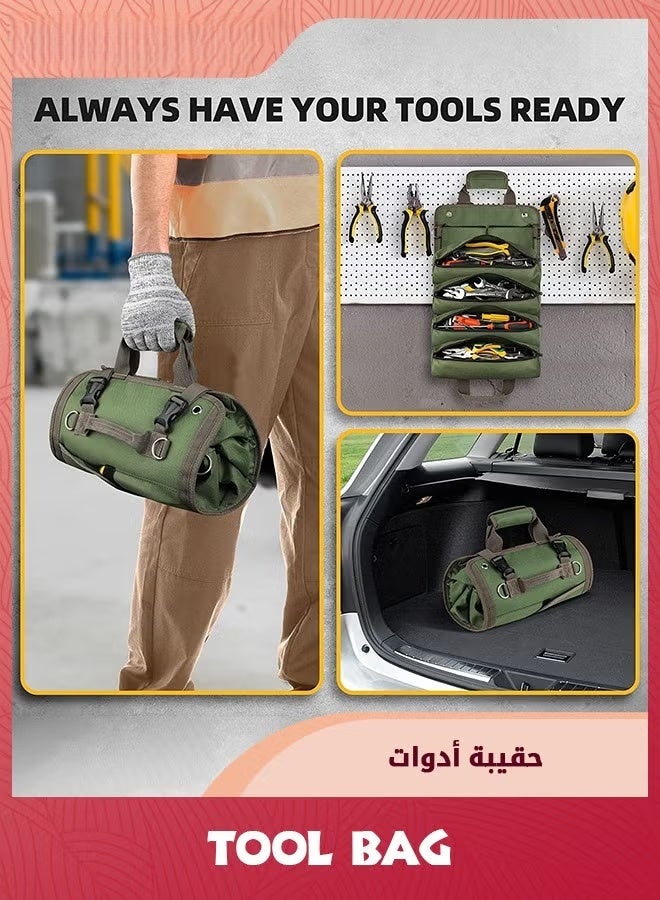 كيس أداة لفة,منظم أداة ثقيلة للرجال والنساء,تخزين الأداة المحمولة مع 2 حقيبة سحاب قابلة للفصل, حقيبة أدوات صغيرة مدمجة لأصحاب RV Handyman, الجيش الأخضر - Image 2