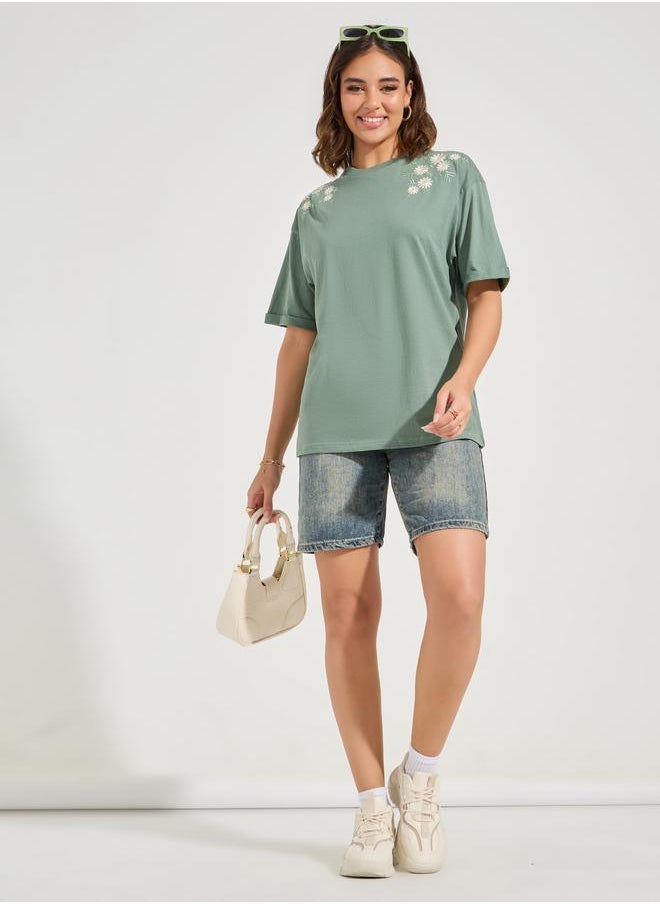 Styli - Oversized Placement Embroidery Detail Cotton T-Shirt - Image 1