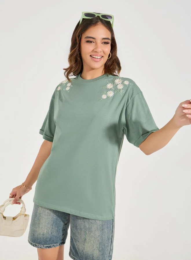 Styli Oversized Placement Embroidery Detail Cotton T-Shirt