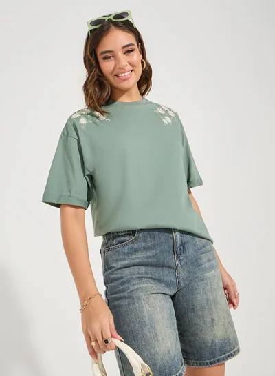 Styli Styli Oversized Placement Embroidery Detail Cotton T-Shirt