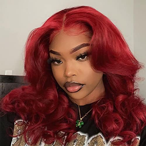 ANDRIA 13X4 HD Lace Front Wigs PrePlucked Hairline 16 Inches Body Wave Burgundy Glueless Lace Frontal Wigs with Baby Hair Short Bob Wig 200 Density Wine Red Loose Wave Short Curly Lace Closure Wig - Image 5