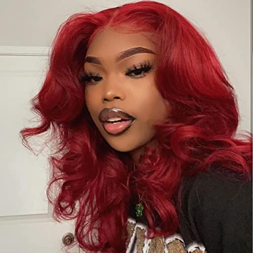 ANDRIA 13X4 HD Lace Front Wigs PrePlucked Hairline 16 Inches Body Wave Burgundy Glueless Lace Frontal Wigs with Baby Hair Short Bob Wig 200 Density Wine Red Loose Wave Short Curly Lace Closure Wig - Image 2