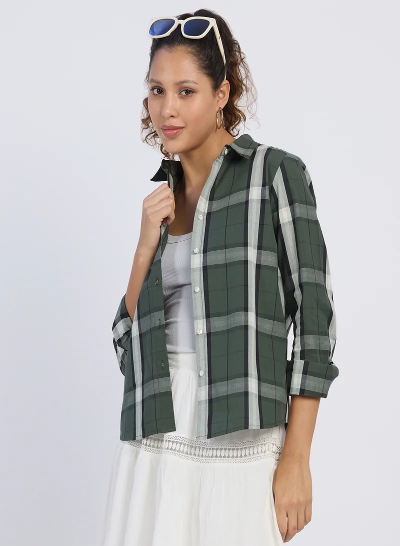 بينيا كولادا Women's Sacramento Green Tartan Plaid Shirt For Casual Wear | Spread Collar | Long Sleeves | Button Closure | Shirt Designed With Comfortable Fit For Woman & Girls