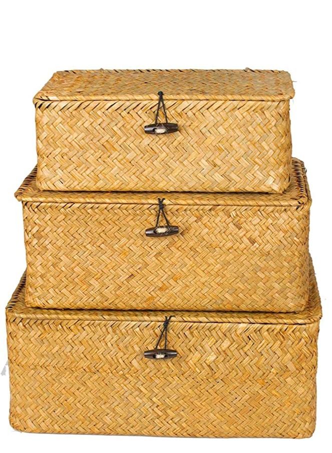 FFD Woven Basket Wicker Storage Basket with Lids Seagrass Laundry Rattan Organizer Box for Bathroom Living Room Rectangular Household Organizer Boxes Shelf Wardrobe Organizer - Image 1