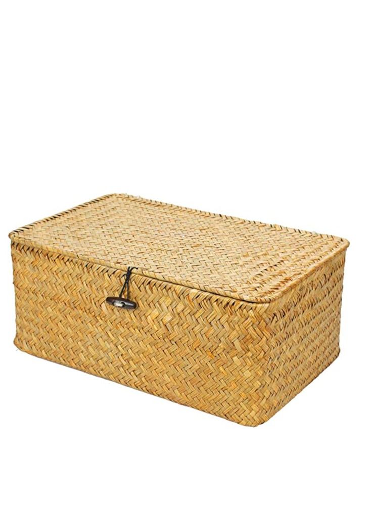 FFD Woven Basket Wicker Storage Basket with Lids Seagrass Laundry Rattan Organizer Box for Bathroom Living Room Rectangular Household Organizer Boxes Shelf Wardrobe Organizer - Image 4