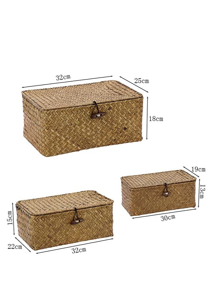 FFD Woven Basket Wicker Storage Basket with Lids Seagrass Laundry Rattan Organizer Box for Bathroom Living Room Rectangular Household Organizer Boxes Shelf Wardrobe Organizer - Image 2