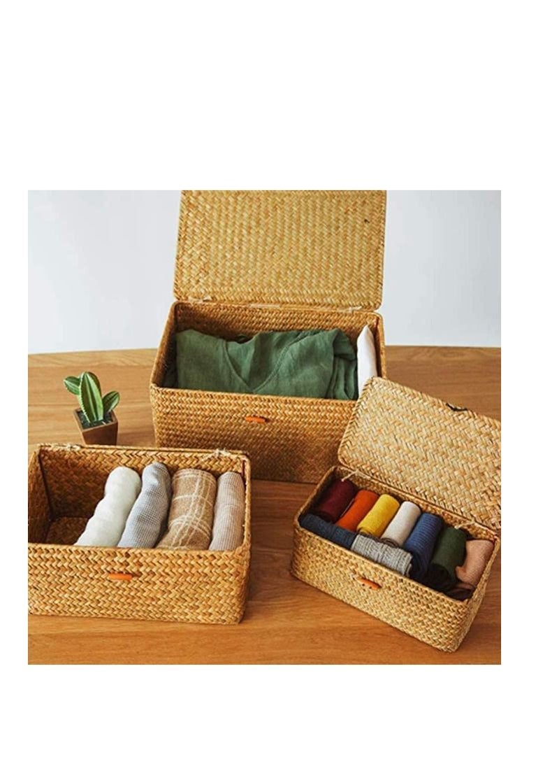 FFD Woven Basket Wicker Storage Basket with Lids Seagrass Laundry Rattan Organizer Box for Bathroom Living Room Rectangular Household Organizer Boxes Shelf Wardrobe Organizer - Image 5