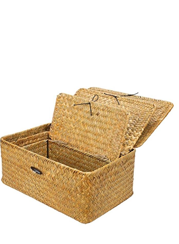 FFD Woven Basket Wicker Storage Basket with Lids Seagrass Laundry Rattan Organizer Box for Bathroom Living Room Rectangular Household Organizer Boxes Shelf Wardrobe Organizer - Image 3