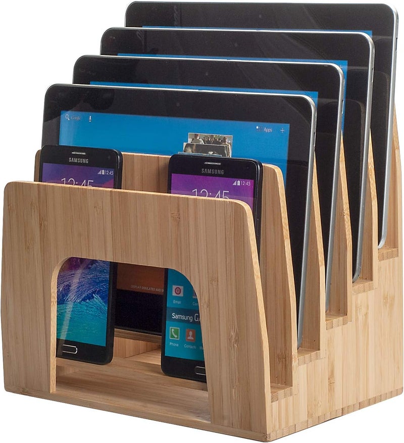 MobileVision Bamboo Multi Device Inclined Organizer for Smartphones, Tablets and Laptops, Upright Sections, Step Sorter, 5 Slots - Image 1