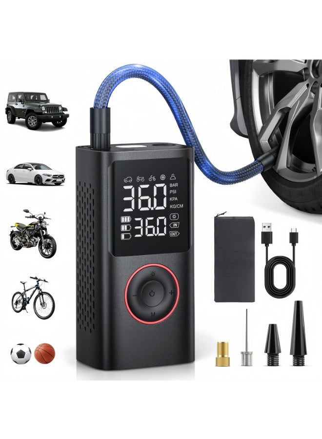Tire Inflator Portable Air Compressor, 150 PSI Cordless Bike Pump with Pressure Gauge & LED Light, Air Pump for Car, Motorcycle, Bicycle & Balls – Black - Image 1