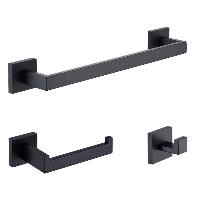 TASTOS 3Piece Bathroom Hardware Set Matte Black Wall Mounted Bathroom Accessory Set Premium Stainless Steel Robe Hook Toilet Paper Holder 16Inch Towel Bar Black