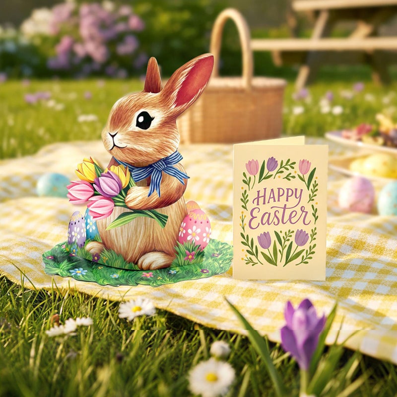 Freshcut Paper Mini Easter Bunny Pop Up Cards, 6 Inch Mini Sized 3D Popup Greeting Card, Easter Cards, Thinking of You Card, Mother's Day Gifts, Blank Notecard & Envelope - Image 2