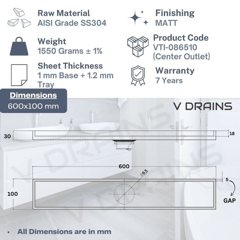 V DRAINS 600x100 mm Tile Marble Insert Floor Shower Drain Channel | Linear (Long) Drain for Bathrooms, Floor, Balconies of SS (Grade AISI 304 18/8) with Cockroach Trap | Center Outlet (24x4 inches) - Image 2