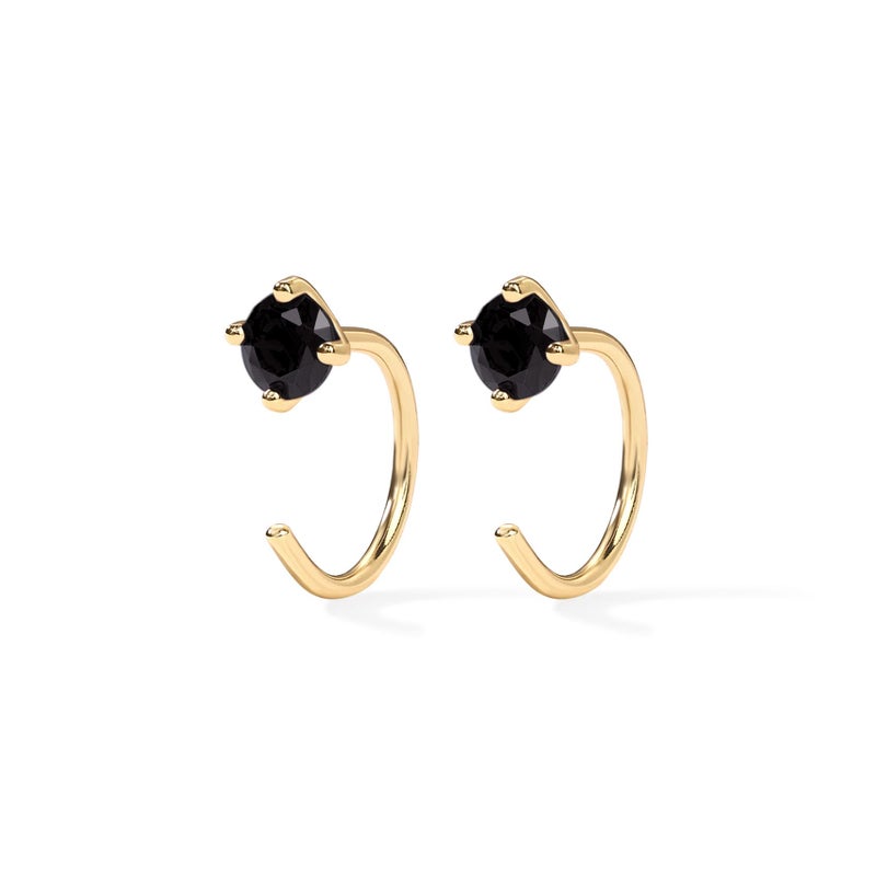 PAVOI 14K Yellow Gold 925 Sterling Silver Huggie Half Hoop Earrings for Women | Tiny Boho Black Cubic Zirconia Cartilage Earring - Image 3