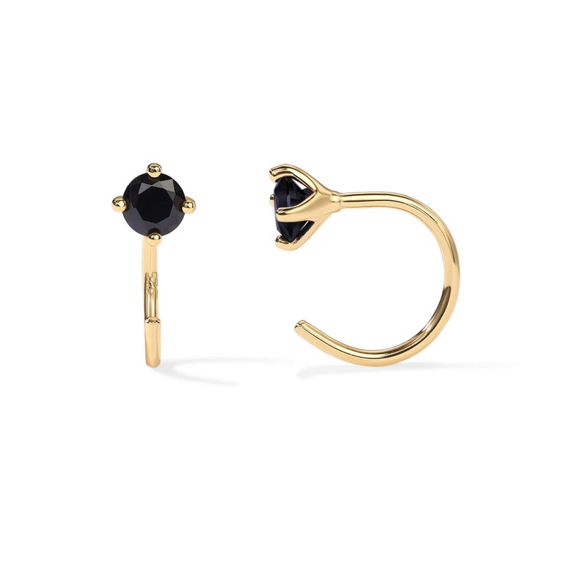 PAVOI 14K Yellow Gold 925 Sterling Silver Huggie Half Hoop Earrings for Women | Tiny Boho Black Cubic Zirconia Cartilage Earring - Image 1