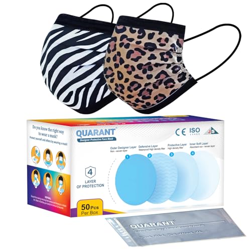 QUARANT Meltblown - Dual SMMS Fabric 4 Ply Designer Protective Face Mask with Nose Clip and Reusable Travel Pouch, Fashion That's Safe (Animal Print Combo, Pack of 50) for Unisex - Image 1