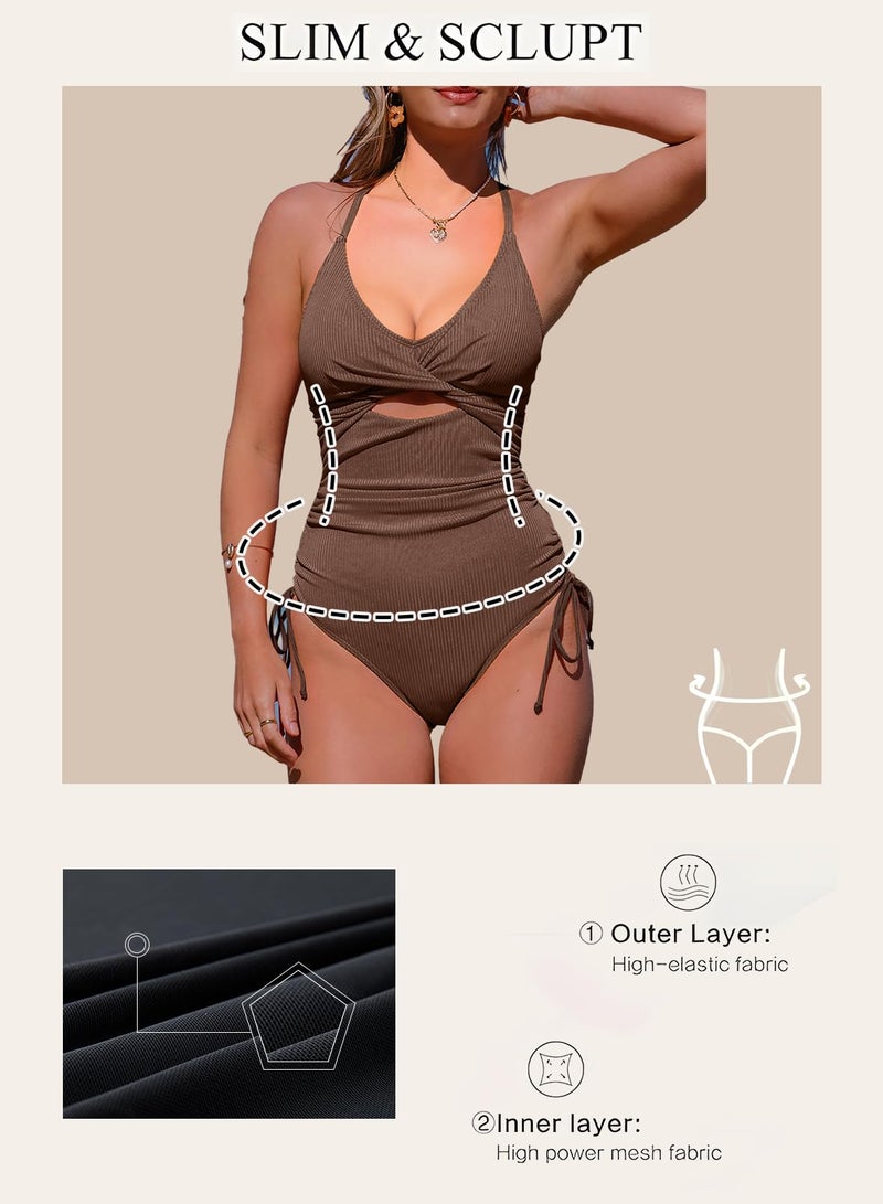 Aleumdr Tummy Control One Piece Swimsuit for Women Sexy V Neck High Cut Bathing Suit Cutout Tie Side Monokini Brown Medium - Image 5