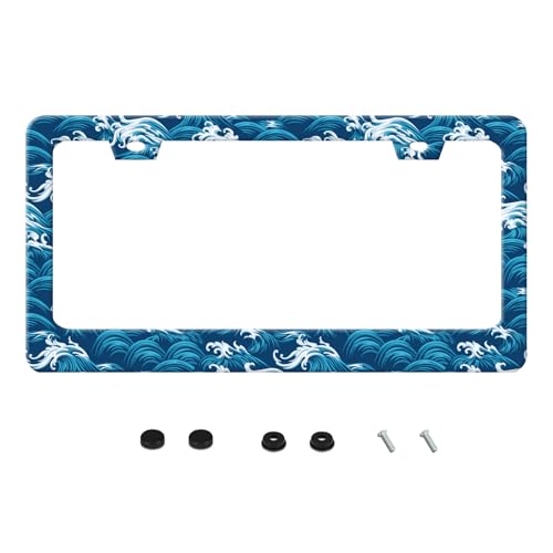 UNINDREM Ocean Waves License Plate Frame Funny Beach Sea Wave Stainless Steel License Plate Frames Auto Parts Decoration with Screws License Plate Holder for Men Women 12x6 Inch - Image 1