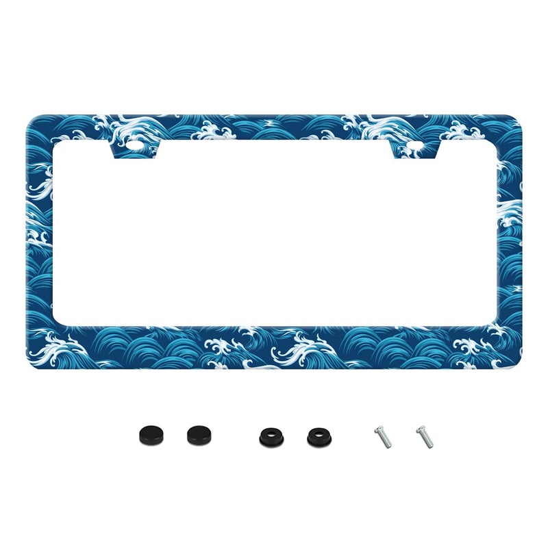 UNINDREM Ocean Waves License Plate Frame Funny Beach Sea Wave Stainless Steel License Plate Frames Auto Parts Decoration with Screws License Plate Holder for Men Women 12x6 Inch - Image 3