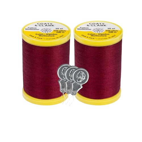 Bella's Crafts Coats Clark Cotton All Purpose Sewing Thread 100 Mercerized Cotton 225 Yards Each Spool S970 2 Pack Bundle with 3 Bellas Crafts Needle Threaders Barberry Red - Image 1