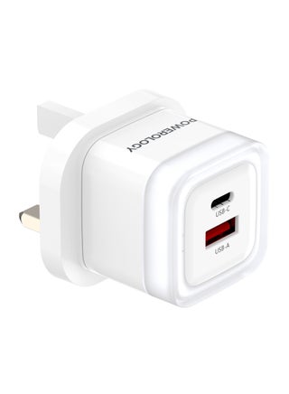 Dual-Port Fast Charging Adapter PD 35W with Multi-Device Charging & USB-A + USB-C Output Ports / UK 3-Pin Plug / Universal Protocol Support - White