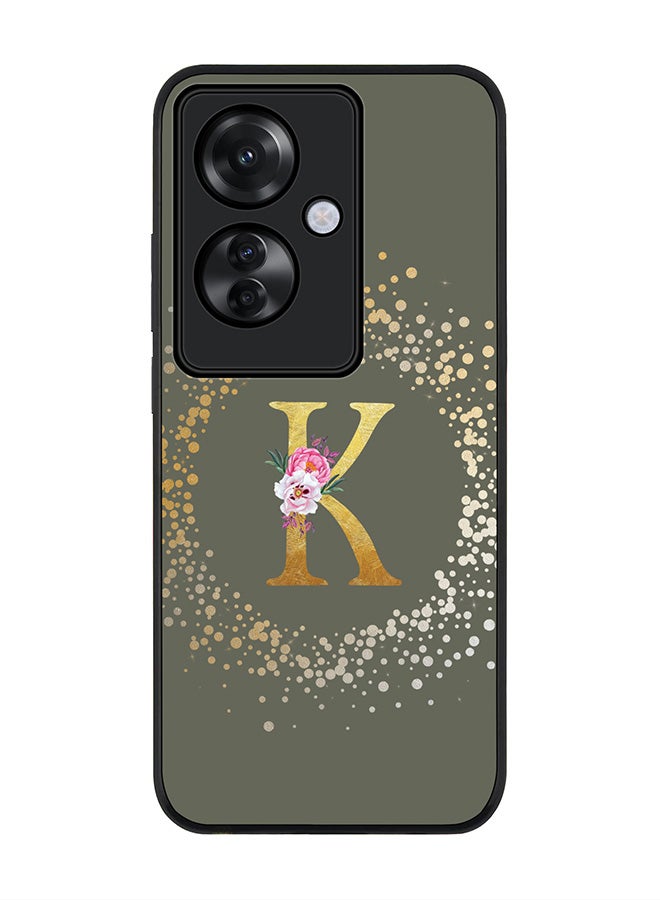 Stylizedd Rugged Black edge case for Oppo Reno11 F / Oppo F25 Pro 5G,Slim fit Cover Custom Monogram Initial Letter Floral Pattern Alphabet - K (Olive Green) - Image 1