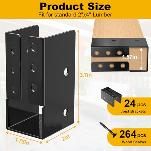 FMhotu Concealed Joist Hanger (24 Pack),2"x4" Outdoor Concealed-Flange Joist Bracket with Screws, Q235B Steel Powder Coated Concealed Mount Light Joist Hangers for 2"x4" Beam, Swing, Handrail, Fence - Image 3