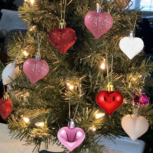 YIRHYZC Valentine's Day Heart Ornaments for Tree - Valentine Ornaments Valentines Tree Decorations - Glitter Rose Gold Red White - Mini 24 Pcs - Image 2