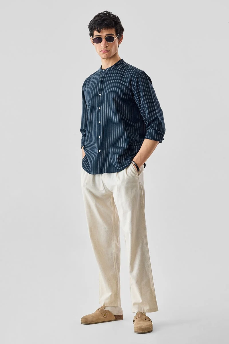 سنيتش Navy Striped Long Sleeve Regular Fit Shirt