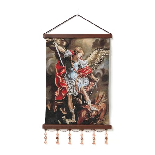 HZMAN St Michael Painting Retro Handmade Weave Wall Art Decor Holy Archangel Catholic Aesthetic Picture for Living Room Bedroom Wood Framed 17x12 inch - Image 1